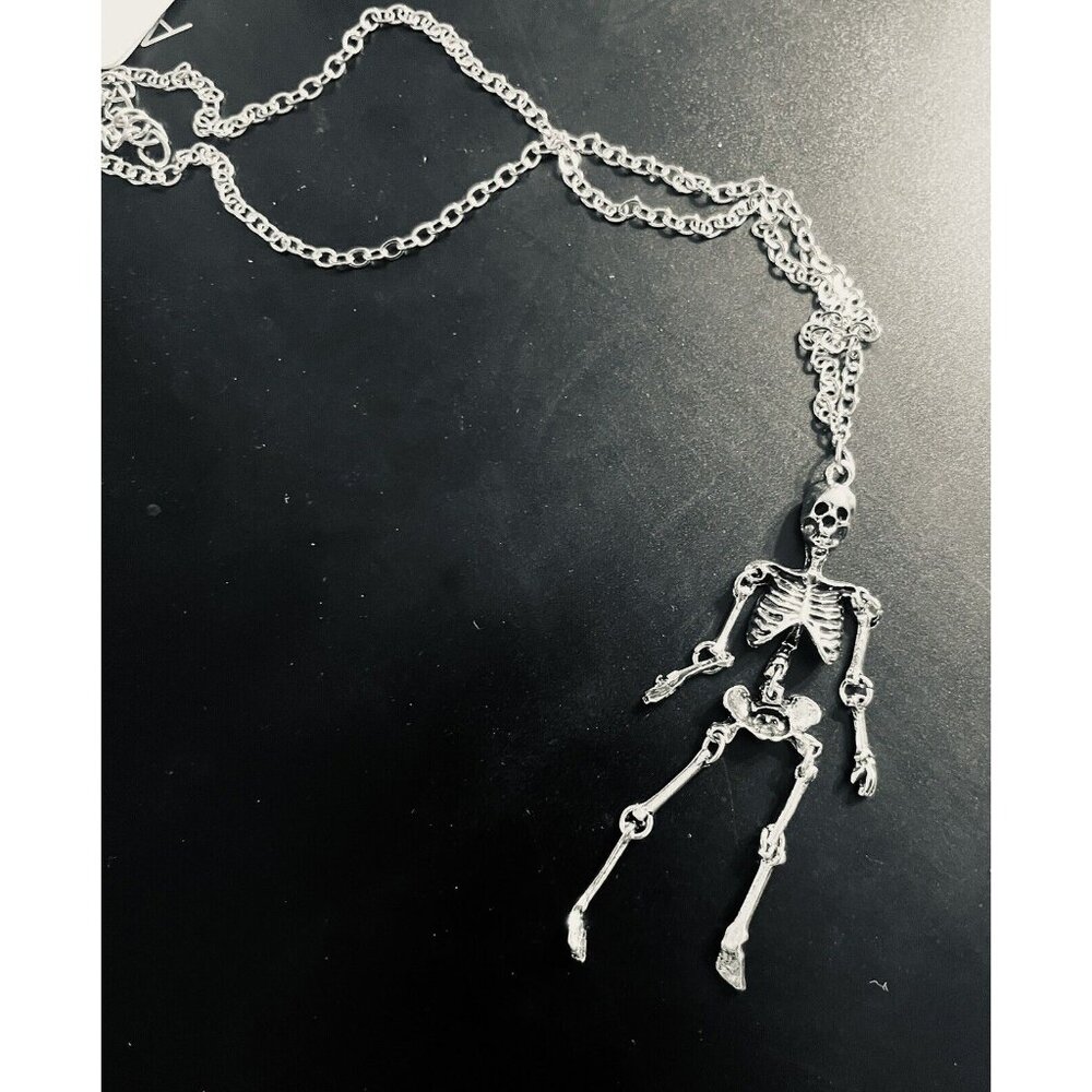 Silver Skeleton Necklace - Halloween Skull Bones Pendant Jewelry NEW